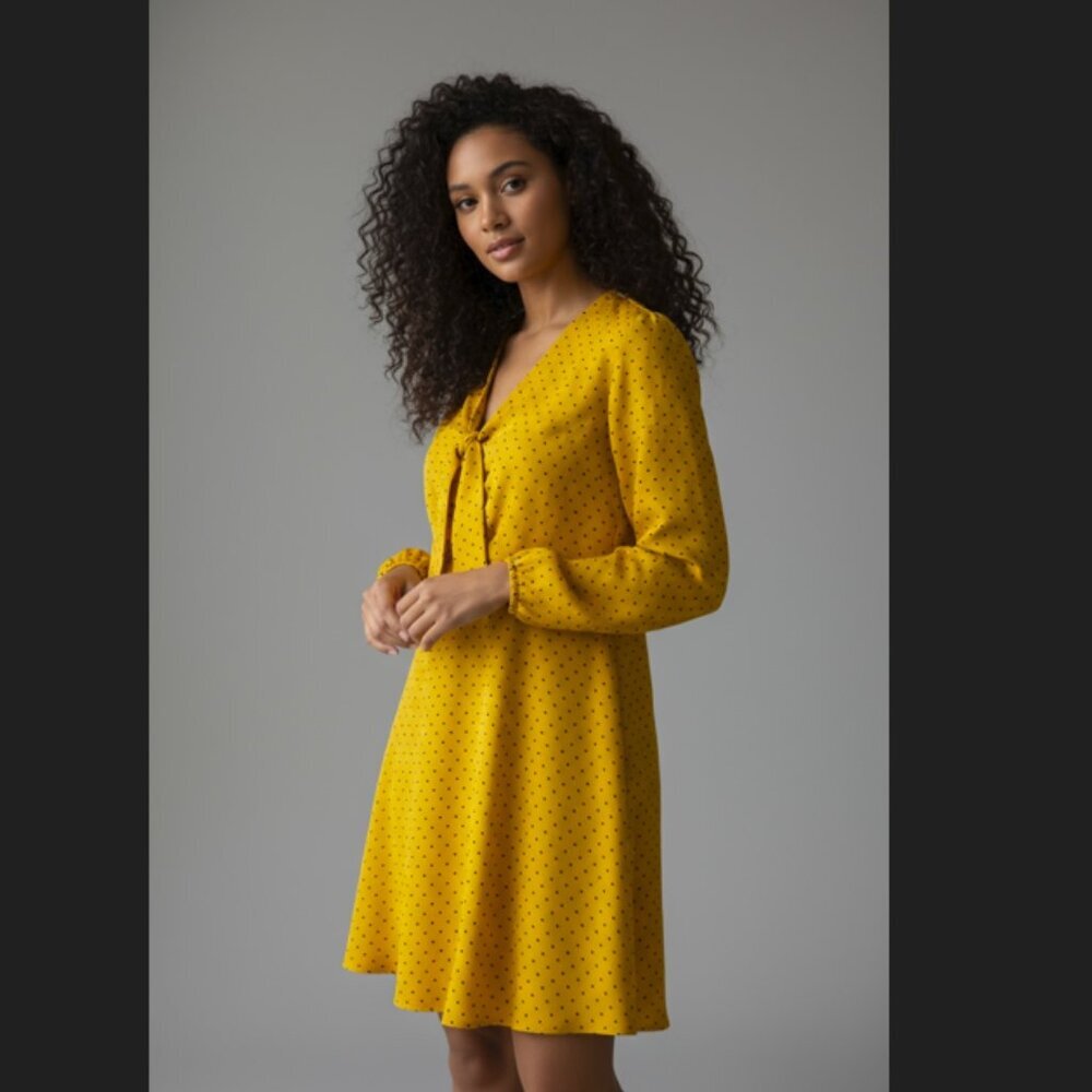 Gianni Bini Mustard Long Sleeve Bow Tie Mini Dress | Size Large | EUC